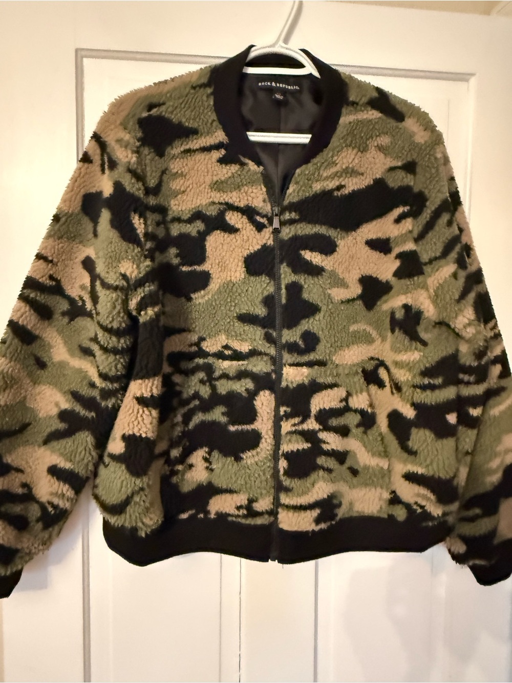 Rock & Republic Olive Green and Black Camo Sherpa Bomber Jacket